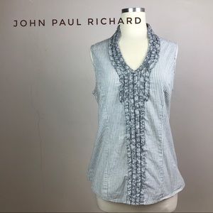 John Paul Richard Fitted Striped Sleeveless Cotton Top - side zip pinstripes